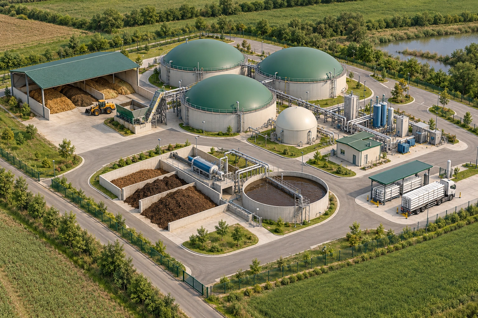 Conceptual 3D CBG plant reference layout with digesters, feedstock storage, gas upgrading and digestate handling
