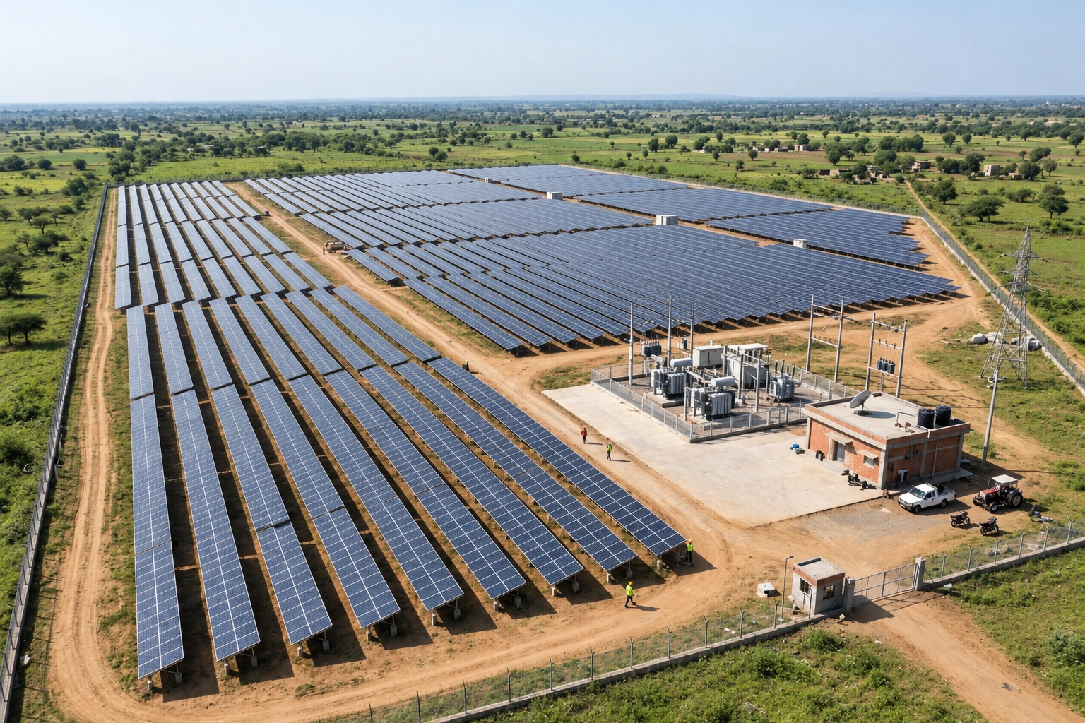 Aerial solar plant visual with greener surroundings, showing panel arrays, switchyard and control building